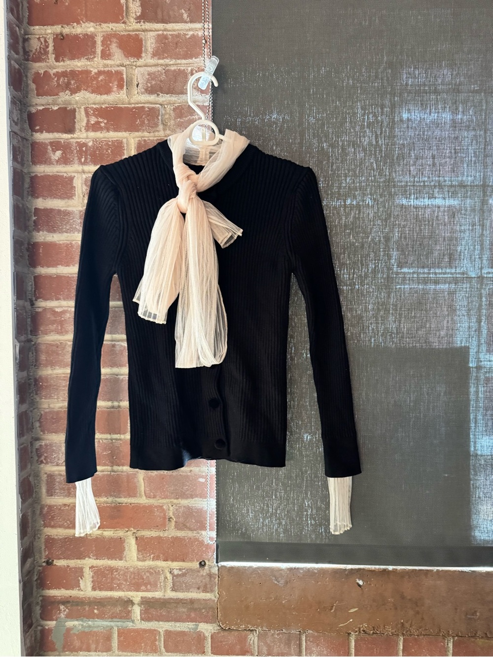 Black Ribbed Velvet Button Cardigan with Cream Chiffon Scarf Detail
